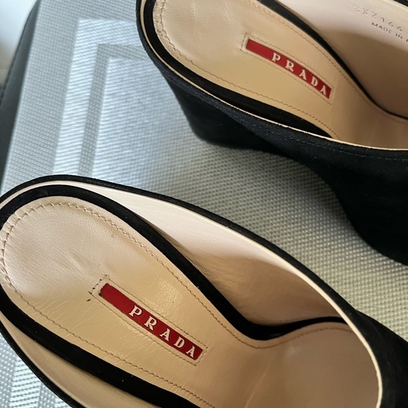 PRADA PRE-LOVED RARE AUTHENTIC BLACK SUEDE WEDGE SLIP ON SANDALS - Picture 11 of 17